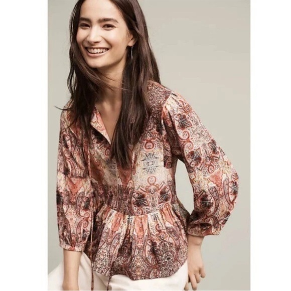 Anthropologie RAGA NWT Evalona Paisley Boho Blouse Peasant Red Bell Sleeve Top - Picture 1 of 9